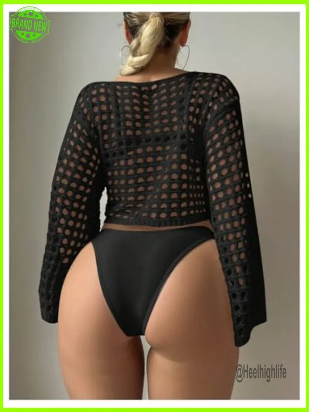 Crochet Long Sleeve Coverup Top, Hollow Out Knit, Beachwear, X-Large